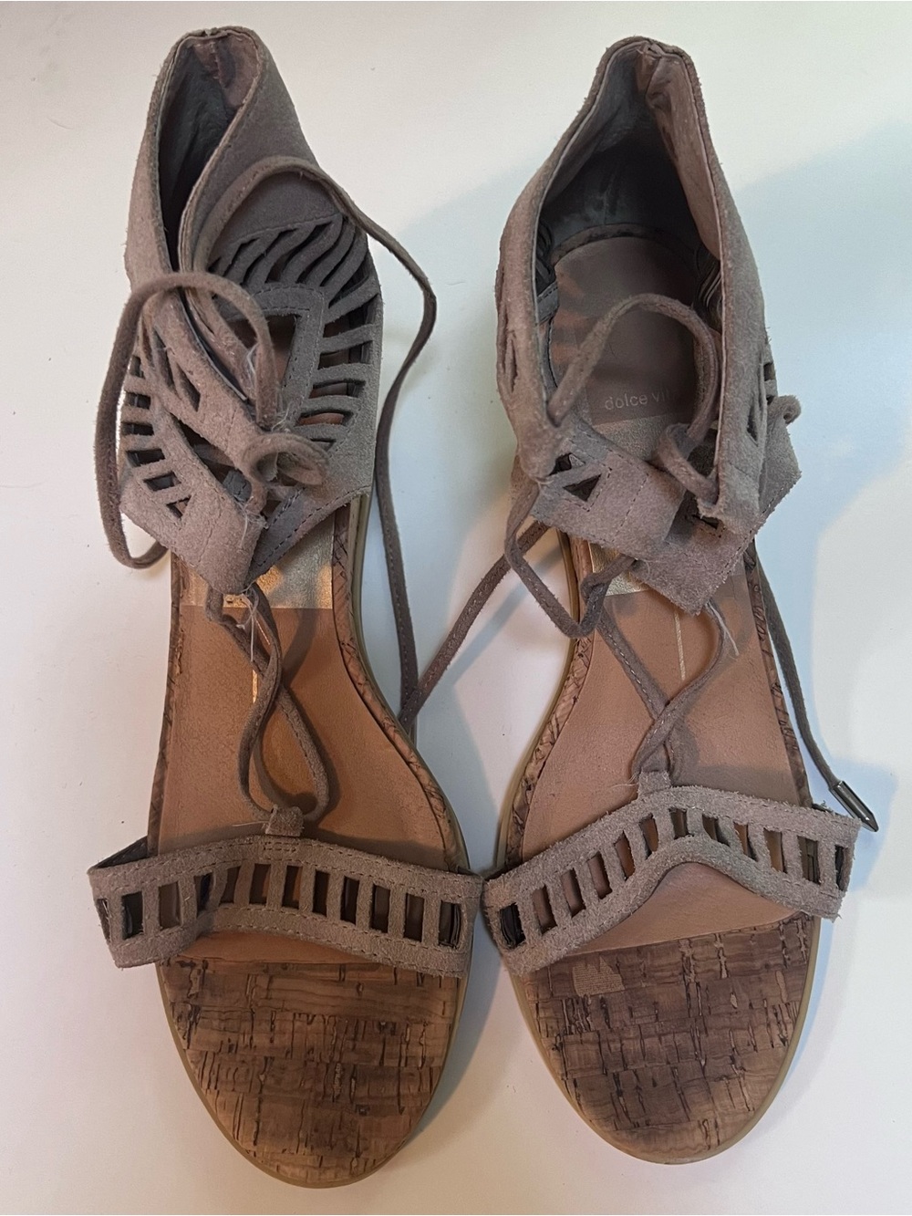 Dolce Vita Women's Sandals Suede Laser Cut Design Cork Wedge Tan 8.5
